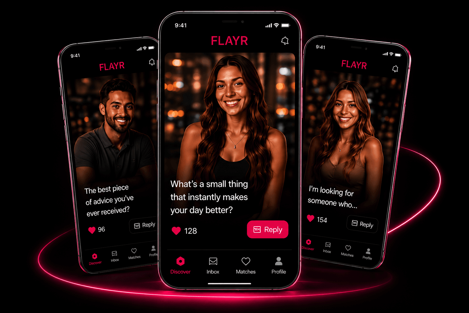 FLΛYR app showing video profiles on three phones